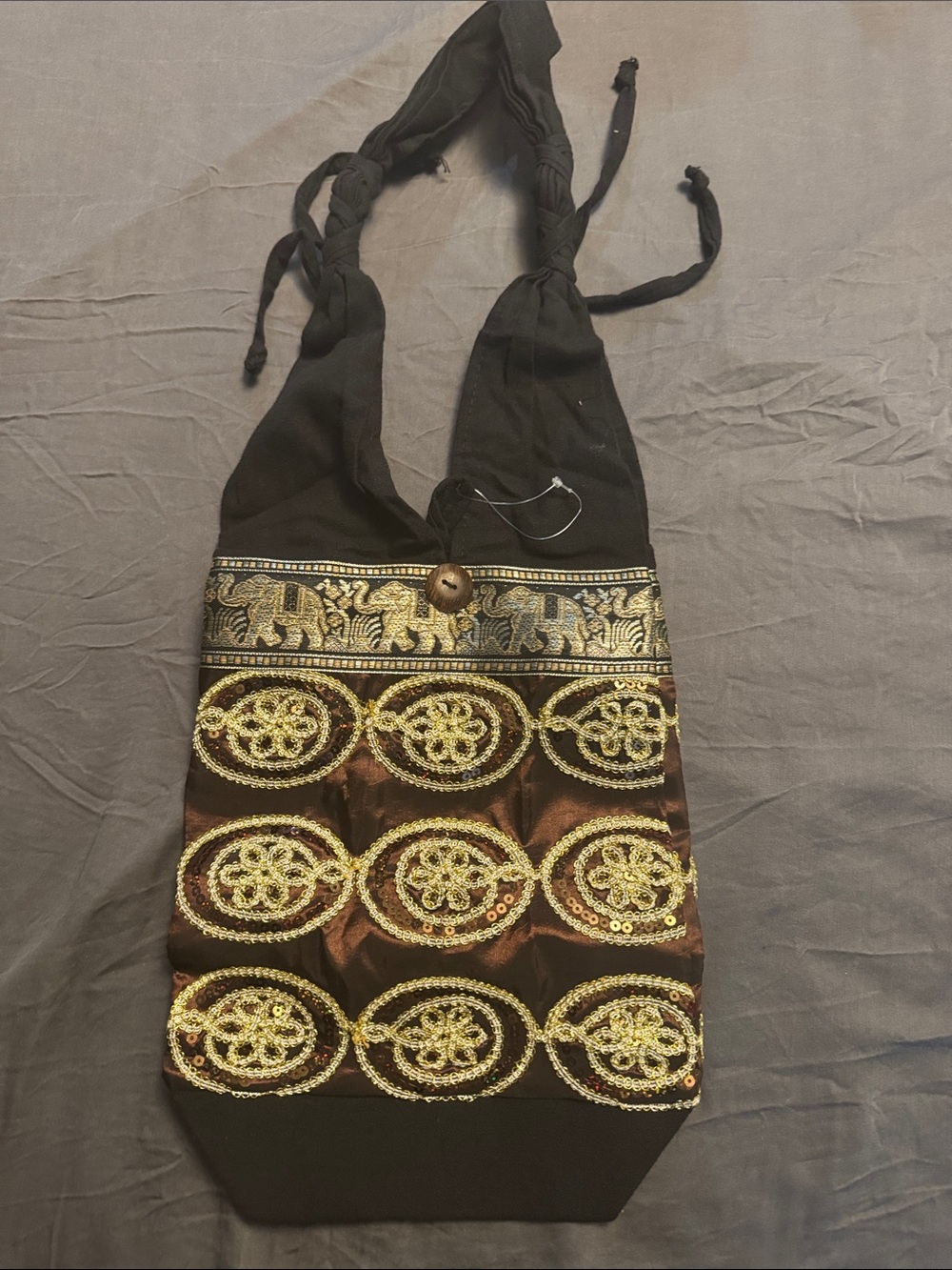 Embroidered Black and Brown Elephant Motif Shoulder Bag